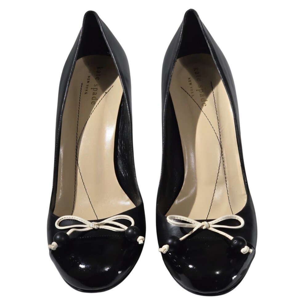 Kate Spade New York Leather Cap-Toe Striped Heel Pumps Black Cream Bow Size 7B
